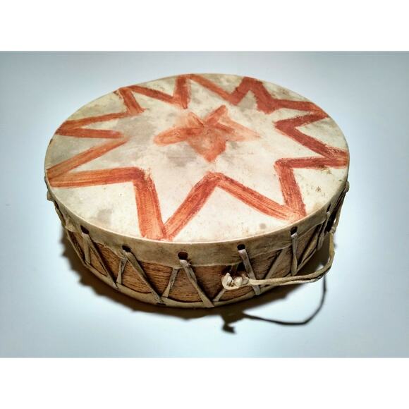 7.5" Native American Animal Hide Hand Drum & 11" Hand Carved Pictograph Maraca - Picture 6 of 8